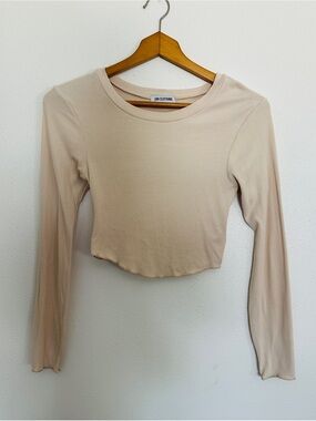 LNA Clothing Beige Ribbed Cropped Long Sleeve Top Small